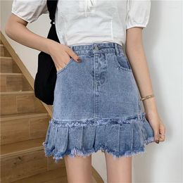 Skirts Women Jeans High Waist Pleated Zipper Mini Summer 90S Streetwear Bottom Skinny Blue Skirt