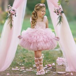 Light Pink Beaded Flower Girl Dresses Tiered Ruffled Princess Pageant Gowns For Wedding And Birthday Tulle Short Kid Pageant Dress