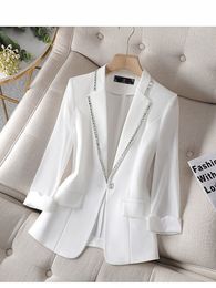 Women's Suits Blazers Ladies White Black Blazer Summer Half Sleeve Thin Women Jacket Female Korean Style V-neck Office Suit Coat Women Clothing 230311