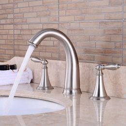 Bathroom Sink Faucets Vidric 3 Hole Widespread Bathroom Sink Faucet Deck Mounted Dual Handle Cold Water Mixer Tap Brush Nickel Chrome Finished EL8 230311