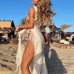 Women's Swimwear Women Beach See Through Tassel Mesh Dress Summer Short Sleeve Hollow Out Swim Coverups Bikini Bathing Suit F-White Y230311