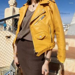 Women's Leather ZCWXM PU Zipper Jacket Short Yellow Motorcycle Jackets Pink With Belt Classic Basic Spring Women Faux Outwear