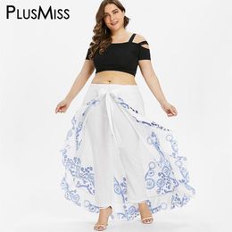 Women's Pants PlusMiss Plus Size 5XL 4XL Summer Skirted Pant Women White Print Loose Palazzo Capri Chiffon Bohemian Boho Beach Trousers1