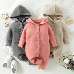 Rompers Citgeett Autumn Infant Baby Girl Boys Hooded Romper Solid Colour Single Breasted Warm Knitted Fall Winter Clothing 230311