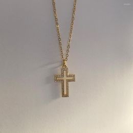 Pendant Necklaces Simple Zircon Hollow Cross Charm Necklace Classic Gold Color Copper Steel Chain Choker Collar Jewelry