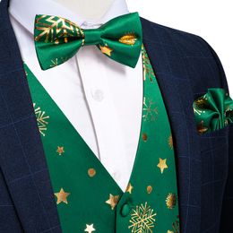 Men's Vests Green Christmas Men Vest Bowtie Pocket Square Cufflinks Set Printed Snowflake Waistcoat for Man Accessories Party Necktie Gifts 230310