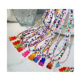 Jewelry Bohemian Colorf Round Bead Necklace For Women Cute Gradient Rainbow Resin Bear Pendant Fashion Girl Gifts Drop Delivery Wedd Dhajg