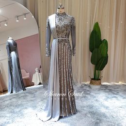 Party Dresses Elegant Gray Muslim Mermaid Evening Long Sleeve Luxury Dubai Women Formal Prom Dress Plus Size Wedding Night GownsParty
