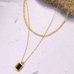 Pendant Necklaces Ins Fashion French Style 18K Gold Plated Stainless Steel Double Layering Chain Choker Black Acrylic Necklace For Women