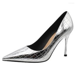 Dress Shoes Fashion Women Pumps Pointed Toe High Heels Career Office Checkered Patent Leather Banquet