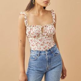 Women's Tanks Summer Clothes For Women Tops Square Neck Tie Vintage Floral Print Crop Top Sleeveless Elastic Ruffle Strap Slim Sexy Cami