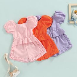 Clothing Sets 2Pcs Summer Born Baby Outfits Solid Colour Short Sleeve T-Shirt High Waist Drawstring Shorts Cotton Casual Children Set