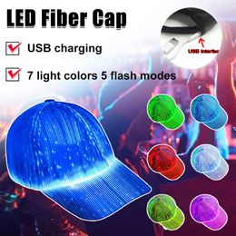 Ball Caps Luminous Cap Fisherman Baseball Cap RGB 7 Color Flashing Led Fiber Optic Hat Night Light Built-in Battery Concert Neon 230310