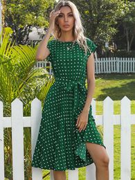 Casual Dresses 2022 New Summer Polka Dots Sleeveless Pleated Dresses For Women High Waist Midi Elegant Office Green Lady Dinner Party Clothes G230311