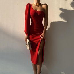 Casual Dresses Zoctuo Puff Long Sleeve One Shoulder Midi Dress Side Slit Bodycon Sexy Streetwear Party Elegant Club Festival 2023 Clothes