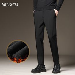 Men's Pants Winter Men's Warm Thick Casual Pants Fleece Business Fashion Black Stretch Office Slim Trousers Male Brand Plus Size 40 42 230311