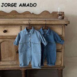 Rompers Korean Style Autumn Clothes Baby Girl Boy Romper Turn-down Collar Long Sleeves Denim Blue Jumpsuit born Clothes E4580 230311