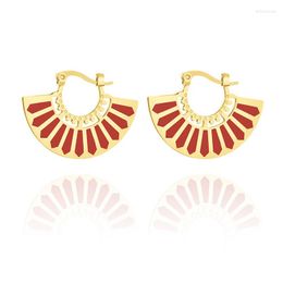 Hoop Earrings Aneebayh Boho Style Hollow Out Fan Geometric Red Enamel Fashion For Women Charm Chic Jewellery