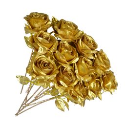 12PCS Artificial Gold Roses Flowers,Single Fake Silk Rose Flower with Short Stem Suitable for Family Wedding Party Decoration