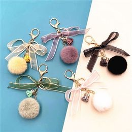 Cute Bow Keychain Lace Ball Favor Bag Plush Pendant Cartoon Car for Women Bag or Cellphone Sea Shipping RRA