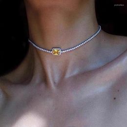 Choker Trendy Blue Yellow Cubic Zircon Necklace For Women Tennis Crystal Chain Goth Jewellery Collares Gifts Bijoux Femme
