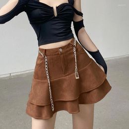 Skirts Thorn Tree Harajuku Chain Sashes Pleated 2023 Y2K Solid Brown Short Mini High Waist Punk Women Clothes