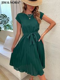 Casual Dresses JIM NORA Elegant Women Summer Beach Sundress Short Sleeve Pleated Midi Dress Soild Colour O Neck Tunic Fashion 230310