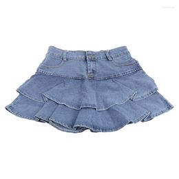 Skirts Women Summer High Waist A-Line Mini Cake Jeans Skirt Vintage Washed Pleated Ruffles Layered Tiered Casual Slim Denim Streetwear