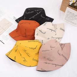 Wide Brim Hats Bucket Hat Women English Letters Double Side Cotton Reversible Sun Protection Cap Men Panama Hat Fisherman Hats P230311