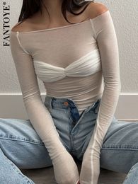 Women's T-Shirt Fantoye Sexy See Through Mesh Women T-shirt White Off Shoulder Long Sleeve Ruched T-shirt Female Spring Skinny Casual Streetwear 230311