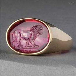 Wedding Rings Sell Domineering Yellow Gold Lion King Ring For Men Women Egg-shaped Resin Pink Engagement Party Jewellery