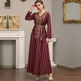 Ethnic Clothing Wepbel Djellaba Eid Abaya Women Muslim Dress Long Sleeve Striped Bronzing Islamic Robe Kaftan Embroidery Tie-Neck DressEthni