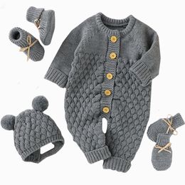Rompers Winter Warm Knitted Baby Rompers Baby Shoes Gloves Clothes Autumn born Boy Girl Jumpsuit Outfit Toddler Infant Knitwear 230311