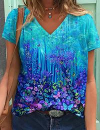 Women's T Shirts 2023 Summer Women's Fashion Abstract Print Pullover Vintage Top Elegant Short Sleeve Sexy V-Neck Trend Loose Size Tee