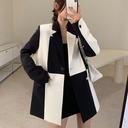 Women's Suits Blazers Black White Suit Jacket Spring Autumn Retro Loose Suit Jacket Patchwork Blazers Pockets Women Blazer Mujer 230311