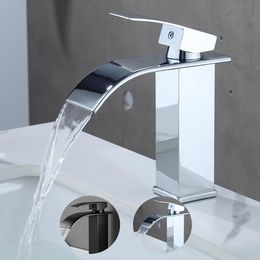 Bathroom Sink Faucets Square Chrome Bathroom Basin Faucet Waterfall Deck Mounted Cold Water Mixer Tap Brass Chrome Vanity Vessel Sink Crane Mixer 230311