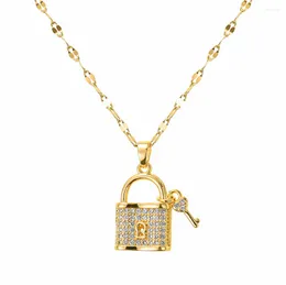 Chains 316L Stainless Steel Lip Chain Full Zircon Crystal Lock Key Heart Necklace Acero Inoxidable Joyeria Mujer