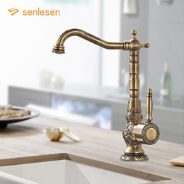 Bathroom Sink Faucets Senlesen Antique Brass Bathroom Basin Carved Faucet Europe Style Para Sink Tap 360 Rotation Single Handle Mixer Tap Torneiras 230311