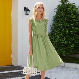 Casual Dresses Elegant Woman Summer Dress 2021 Fashion Ruffle Sleeveless Slim Vintage Casual Office Ladies Midi Dresses Red Robe femme Green G230311