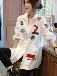 Women's Blouses Women Fashion Korean Style White Shirt Lapel Button Letter Embroidery Long Sleeve Loose Casual Top Lady Autumn Winter Blouse