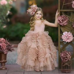 Lovely Ruffled Flowers Ball Gown Flower Girl Dresses Appliqued Tulle Pageant Gowns For Beach Wedding And Birthday Kid Pageant Dress