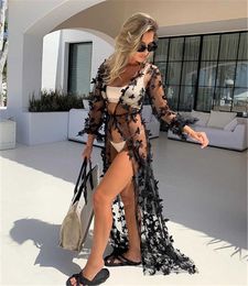 Women's Swimwear Long Swimsuit Cover Up Sexy Open Front 3D Flowy Kimono Cardigan Summer Holiday Beach Clothes Bathsuit Y230311