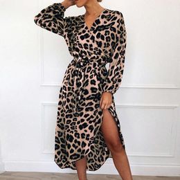 Casual Dresses Women's Sexy Leopard Maxi Dresses Summer Chiffon High Waist Lace-Up Long Dress Ladies Elegant Irregular Party Dresses Vestidos G230311