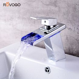 Bathroom Sink Faucets LED Lights Bathroom Basin Faucet Waterfall Brass Chrome Cold Sink Mixer Tap Torneira 230311