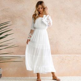 Casual Dresses 2023 Fashion Off Shoulder White Lace Dress Lady Shirt Long Sleeve Elegant Midi Robe