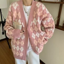 Women's Knits Tees Ladies Cardigans Long Sleeve Knitted Argyle Sweater Women Korean Pink Vest Sweaters Female Jumpers Cardigan Jacket with Buttons 230310