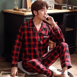 Men's Sleepwear Spring Autumn Pajama Sets Suit Knitted Cotton Casual Long Sleeve Sleepwear Plaid Home Wear Plus Size Comfortable Pajamas For Men 230311