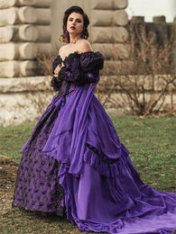 Medieval Gothic Purple Prom Dresses Off Shoulder Long Sleeves Ball Gown Princess Evening Gowns Black Lace Applique Pleats Ruched Women Masquerade Dress