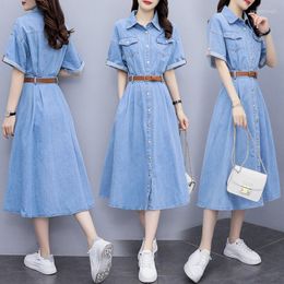 Party Dresses Short Sleeve Dress 2023 Korean Large Size Women's Summer Loose Denim Shirt Lapel Single Breasted Casual Robes T002