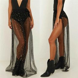 Women's Swimwear Women Bikini Cover Up Shiny Sequins Beach Long Wrap Sexy Transparent Mesh Maxi Skirt Sarong Pareo Dress Y230311